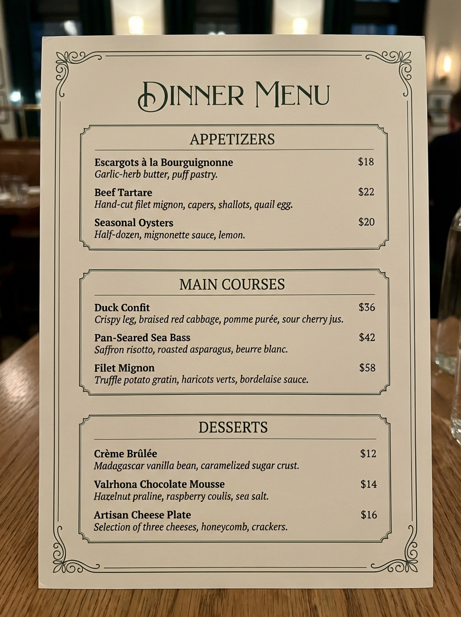 Restaurant menu design example created with Nano Banana Pro