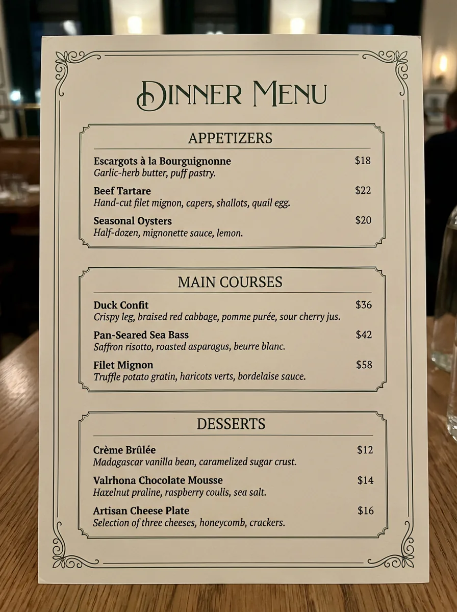 Restaurant menu design example created with Nano Banana Pro