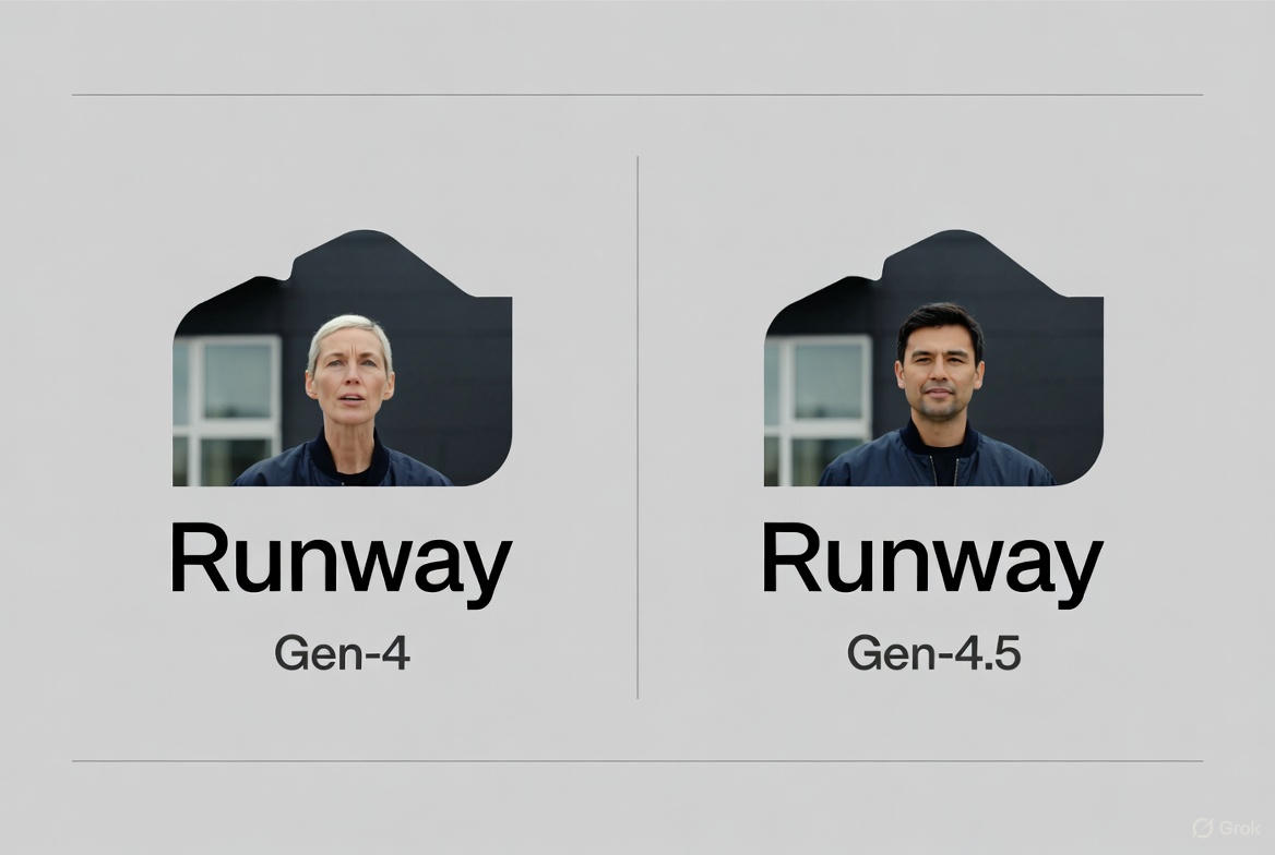 Runway Gen-4 and Gen-4.5 logos side by side, showcasing dynamic video frames generated by each