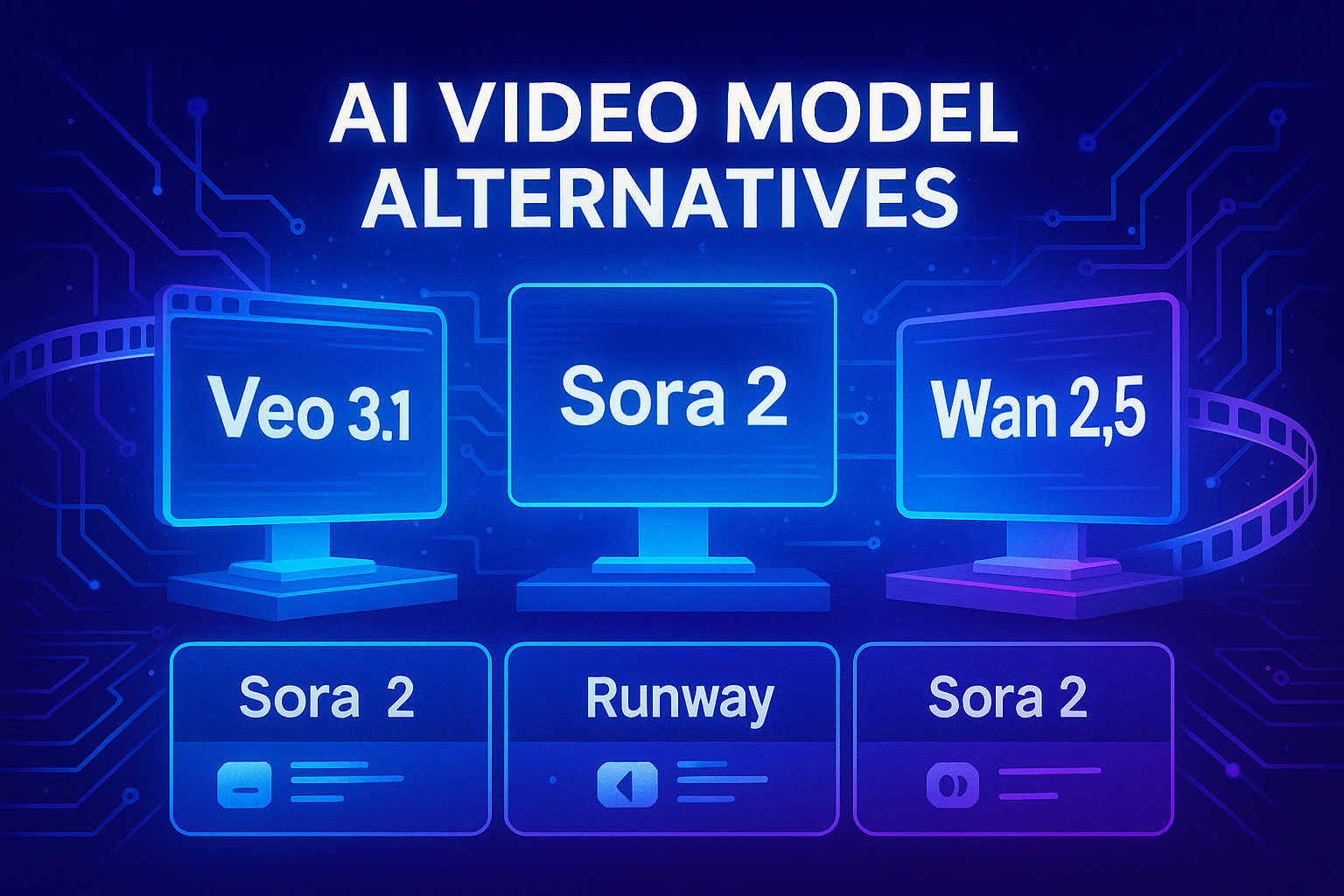AI Video Generators Comparison - Veo 3.1, Wan 2.5, Sora 2, Runway Gen-3, Pika, Luma, PixVerse, Kling and Haiper logos and features comparison